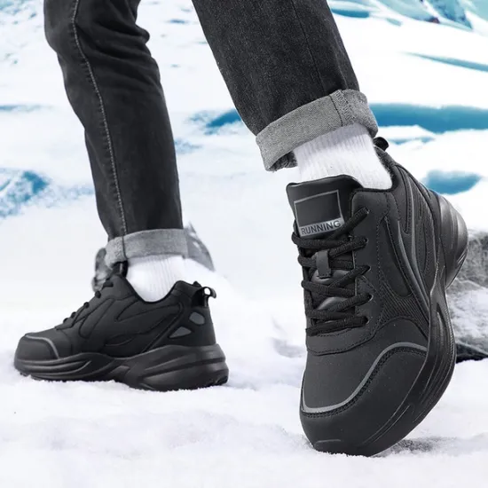 Hot OUKU Men's Black Running Sneakers with Fur Lining, Winter Warm Athletic Shoes for Outdoor Sports and Casual Wear