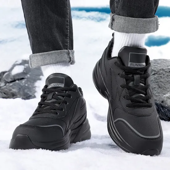 Hot OUKU Men's Black Running Sneakers with Fur Lining, Winter Warm Athletic Shoes for Outdoor Sports and Casual Wear