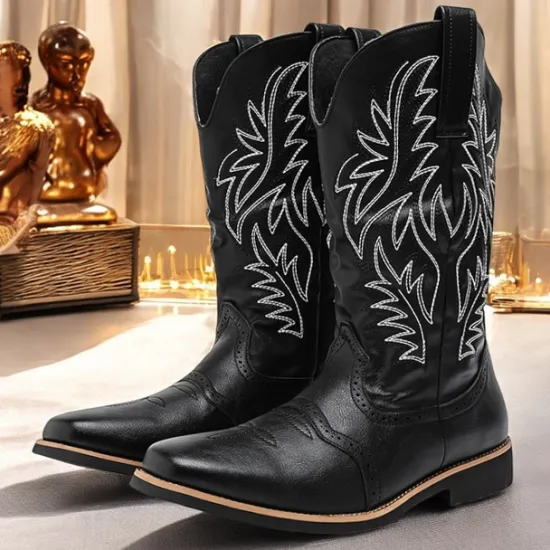 Discount OUKU Men's Western Cowboy Boots – Embroidered Shaft with Classic Pointed Toe, Vintage Style for Rodeo or Casual Wear Black