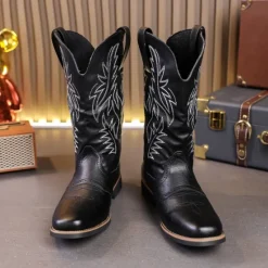 Discount OUKU Men's Western Cowboy Boots – Embroidered Shaft with Classic Pointed Toe, Vintage Style for Rodeo or Casual Wear Black