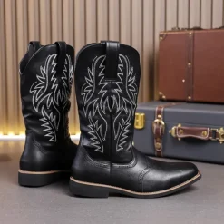 Discount OUKU Men's Western Cowboy Boots – Embroidered Shaft with Classic Pointed Toe, Vintage Style for Rodeo or Casual Wear Black