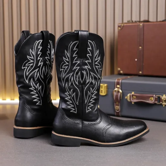 Discount OUKU Men's Western Cowboy Boots – Embroidered Shaft with Classic Pointed Toe, Vintage Style for Rodeo or Casual Wear Black