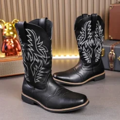 Discount OUKU Men's Western Cowboy Boots – Embroidered Shaft with Classic Pointed Toe, Vintage Style for Rodeo or Casual Wear Black