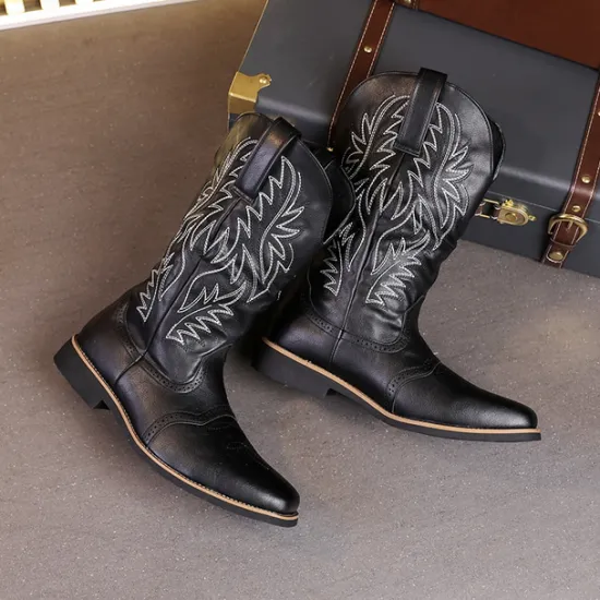 Discount OUKU Men's Western Cowboy Boots – Embroidered Shaft with Classic Pointed Toe, Vintage Style for Rodeo or Casual Wear Black
