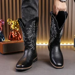 Discount OUKU Men's Western Cowboy Boots – Embroidered Shaft with Classic Pointed Toe, Vintage Style for Rodeo or Casual Wear Black
