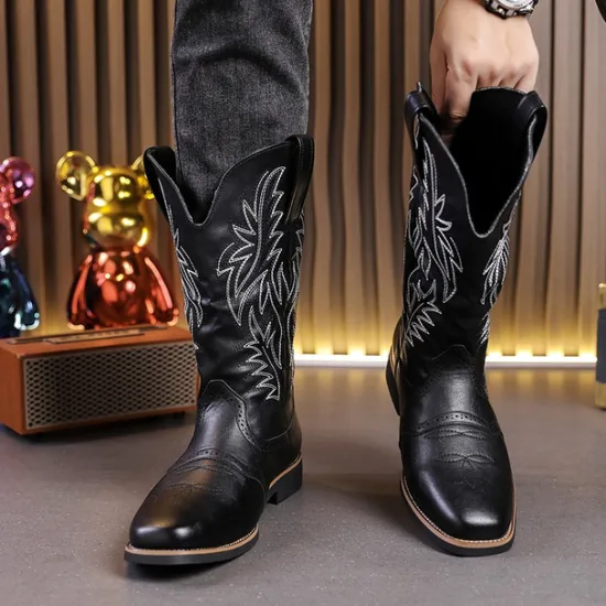 Discount OUKU Men's Western Cowboy Boots – Embroidered Shaft with Classic Pointed Toe, Vintage Style for Rodeo or Casual Wear Black