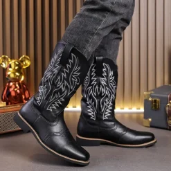 Discount OUKU Men's Western Cowboy Boots – Embroidered Shaft with Classic Pointed Toe, Vintage Style for Rodeo or Casual Wear Black