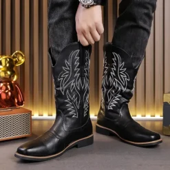 Discount OUKU Men's Western Cowboy Boots – Embroidered Shaft with Classic Pointed Toe, Vintage Style for Rodeo or Casual Wear Black