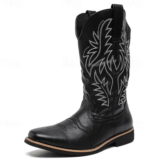 Discount OUKU Men's Western Cowboy Boots – Embroidered Shaft with Classic Pointed Toe, Vintage Style for Rodeo or Casual Wear Black