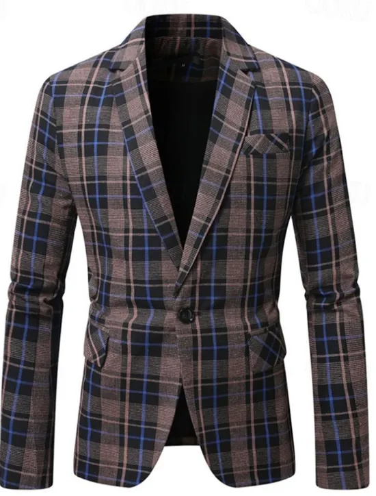 Clearance OUKU Men's Blazer Business Cocktail Party Wedding Party Fashion Casual Spring Autumn / Fall Polyester Plaid Pocket Buttons Comfortable Single Breasted Blazer Coffee