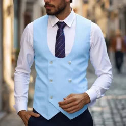 Discount OUKU Men's Blazer Business Cocktail Party Wedding Party Fashion Casual Spring & Fall Polyester Stripes Pocket Buttons Comfortable Double Breasted Blazer Black White Sky Blue