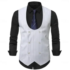 Discount OUKU Men's Blazer Business Cocktail Party Wedding Party Fashion Casual Spring & Fall Polyester Stripes Pocket Buttons Comfortable Double Breasted Blazer Black White Sky Blue