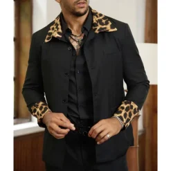 Sale OUKU Men's Blazer Business Cocktail Party Wedding Party Fashion Casual Spring & Fall 65% Cotton Leopard Pocket Buttons Comfortable Single Breasted Blazer Black