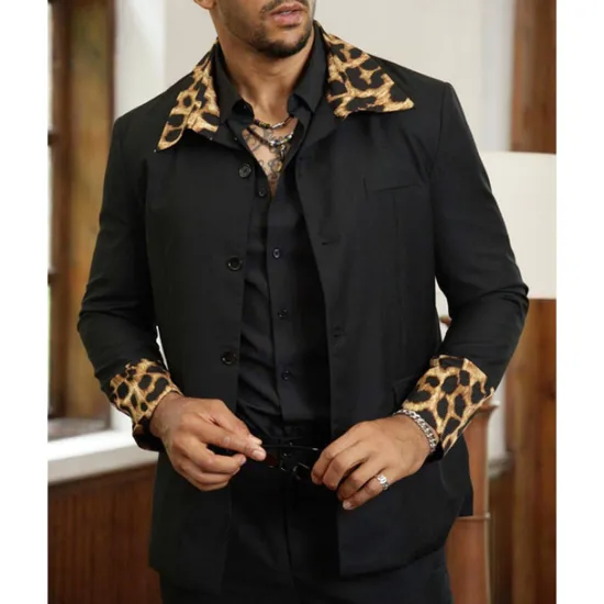 Sale OUKU Men's Blazer Business Cocktail Party Wedding Party Fashion Casual Spring & Fall 65% Cotton Leopard Pocket Buttons Comfortable Single Breasted Blazer Black
