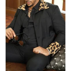 Sale OUKU Men's Blazer Business Cocktail Party Wedding Party Fashion Casual Spring & Fall 65% Cotton Leopard Pocket Buttons Comfortable Single Breasted Blazer Black