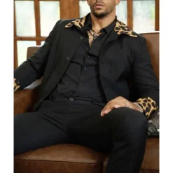 Sale OUKU Men's Blazer Business Cocktail Party Wedding Party Fashion Casual Spring & Fall 65% Cotton Leopard Pocket Buttons Comfortable Single Breasted Blazer Black