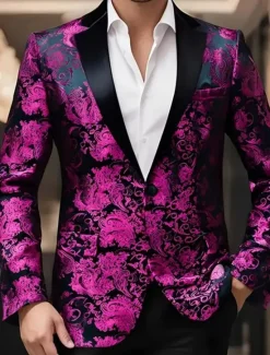Clearance OUKU Men's Blazer Business Cocktail Party Wedding Party Party Spring & Fall Polyester Bronzing Pocket Buttons Comfortable Single Breasted Blazer Red Blue Purple Gold