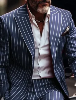 Sale OUKU Men's Blazer Business Cocktail Party Wedding Party Without Dress Pants Fashion Casual Spring & Fall Polyester Stripes Pocket Buttons Comfortable Single Breasted Blazer Red Blue Green