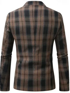 OUKU Men's Blazer Business Cocktail Party Wedding Party Fashion Casual Spring Autumn / Fall Polyester Plaid Pocket Buttons Comfortable Single Breasted Blazer Coffee