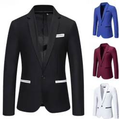 Hot OUKU Men's Blazer Business Cocktail Party Wedding Party Fashion Casual Spring & Fall Cotton Blend Color Block Patchwork Pocket Comfortable Single Breasted Blazer Black White Burgundy Blue