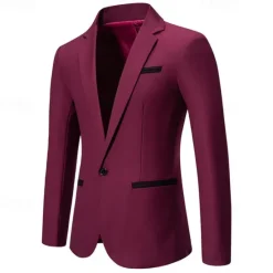 Hot OUKU Men's Blazer Business Cocktail Party Wedding Party Fashion Casual Spring & Fall Cotton Blend Color Block Patchwork Pocket Comfortable Single Breasted Blazer Black White Burgundy Blue