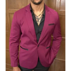 Discount OUKU Men's Blazer Business Cocktail Party Wedding Party Fashion Casual Spring & Fall 65% Cotton Color Block Pocket Buttons Comfortable Single Breasted Blazer Burgundy
