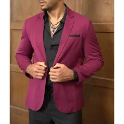 Discount OUKU Men's Blazer Business Cocktail Party Wedding Party Fashion Casual Spring & Fall 65% Cotton Color Block Pocket Buttons Comfortable Single Breasted Blazer Burgundy