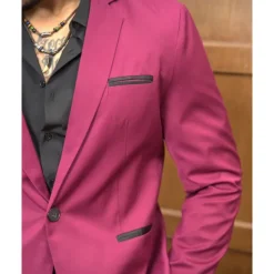 Discount OUKU Men's Blazer Business Cocktail Party Wedding Party Fashion Casual Spring & Fall 65% Cotton Color Block Pocket Buttons Comfortable Single Breasted Blazer Burgundy