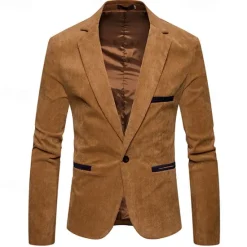 Sale OUKU Men's Blazer Business Cocktail Party Wedding Party Fashion Casual Spring & Fall Corduroy Plain Pocket Buttons Comfortable Single Breasted Blazer Burgundy Navy Blue khaki