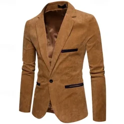 Sale OUKU Men's Blazer Business Cocktail Party Wedding Party Fashion Casual Spring & Fall Corduroy Plain Pocket Buttons Comfortable Single Breasted Blazer Burgundy Navy Blue khaki