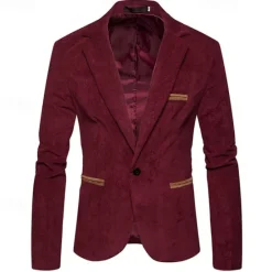 Sale OUKU Men's Blazer Business Cocktail Party Wedding Party Fashion Casual Spring & Fall Corduroy Plain Pocket Buttons Comfortable Single Breasted Blazer Burgundy Navy Blue khaki
