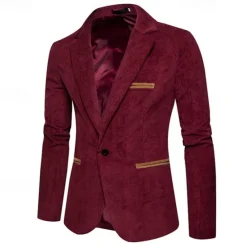 Sale OUKU Men's Blazer Business Cocktail Party Wedding Party Fashion Casual Spring & Fall Corduroy Plain Pocket Buttons Comfortable Single Breasted Blazer Burgundy Navy Blue khaki