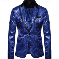 Online OUKU Men's Blazer Business Cocktail Party Wedding Party Fashion Casual Spring & Fall Polyester Color Block Pocket Buttons Comfortable Single Breasted Blazer Silver Black Red Blue