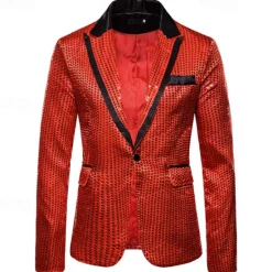 Online OUKU Men's Blazer Business Cocktail Party Wedding Party Fashion Casual Spring & Fall Polyester Color Block Pocket Buttons Comfortable Single Breasted Blazer Silver Black Red Blue