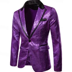 Online OUKU Men's Blazer Business Cocktail Party Wedding Party Fashion Casual Spring & Fall Polyester Color Block Pocket Buttons Comfortable Single Breasted Blazer Silver Black Red Blue