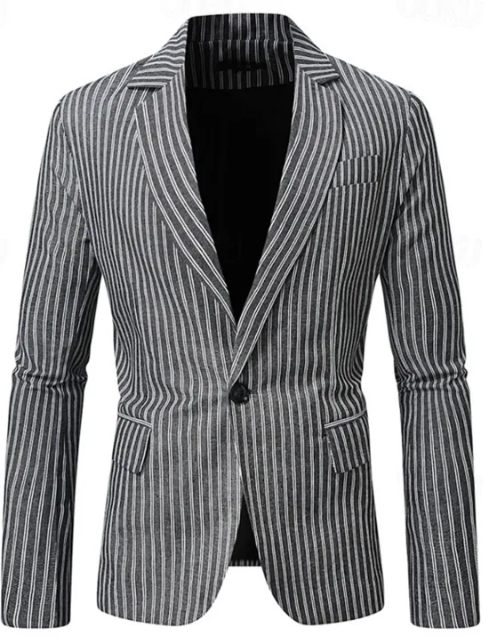 Best OUKU Men's Blazer Business Cocktail Party Wedding Party Fashion Casual Spring Autumn / Fall Polyester Stripes Pocket Buttons Comfortable Single Breasted Blazer Dark Gray Light Grey