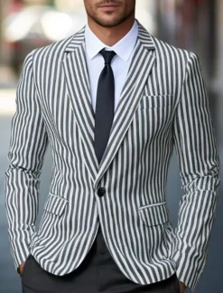 Best OUKU Men's Blazer Business Cocktail Party Wedding Party Fashion Casual Spring Autumn / Fall Polyester Stripes Pocket Buttons Comfortable Single Breasted Blazer Dark Gray Light Grey