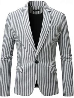 Best OUKU Men's Blazer Business Cocktail Party Wedding Party Fashion Casual Spring Autumn / Fall Polyester Stripes Pocket Buttons Comfortable Single Breasted Blazer Dark Gray Light Grey