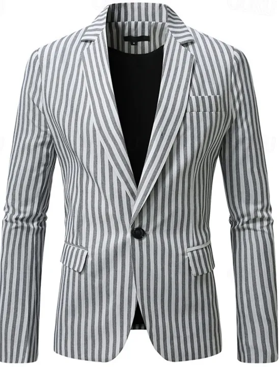 Best OUKU Men's Blazer Business Cocktail Party Wedding Party Fashion Casual Spring Autumn / Fall Polyester Stripes Pocket Buttons Comfortable Single Breasted Blazer Dark Gray Light Grey