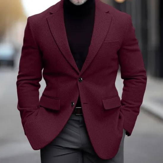 Hot OUKU Men's Blazer Business Wedding Party Fashion Casual Winter Spring & Fall Wool Blend Plain Pocket Casual / Daily Single Breasted Blazer Black Burgundy Navy Blue Gray