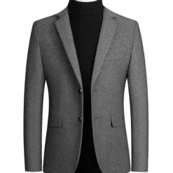 Hot OUKU Men's Blazer Business Wedding Party Fashion Casual Winter Spring & Fall Wool Blend Plain Pocket Casual / Daily Single Breasted Blazer Black Burgundy Navy Blue Gray