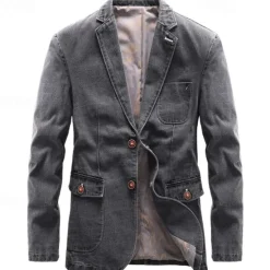 New OUKU Men's Blazer Denim Jacket Vacation Casual Daily Wear Fashion Casual Spring & Fall Polyester Denim Pocket Buttons Comfortable Single Breasted Blazer Black Grey