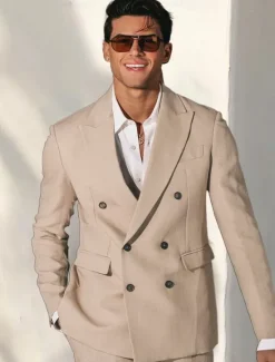 Discount OUKU Men's Blazer Formal Wedding Party Lined Daily Party Spring & Fall Autumn / Fall Polyester Solid Color Button Thermal Warm Comfy Double Breasted Blazer khaki Light Khaki
