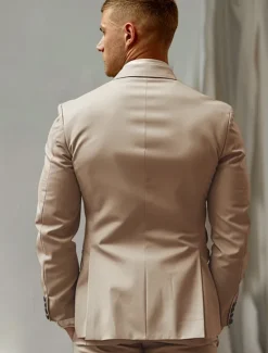 Discount OUKU Men's Blazer Formal Wedding Party Lined Daily Party Spring & Fall Autumn / Fall Polyester Solid Color Button Thermal Warm Comfy Double Breasted Blazer khaki Light Khaki