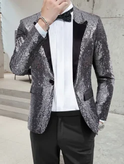 OUKU Men's Blazer Jacket Blazer Peaked Lapel Streetwear Party Sparkle Sequin Black Silver Blue Regular Fit