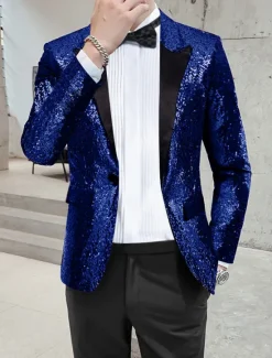 OUKU Men's Blazer Jacket Blazer Peaked Lapel Streetwear Party Sparkle Sequin Black Silver Blue Regular Fit