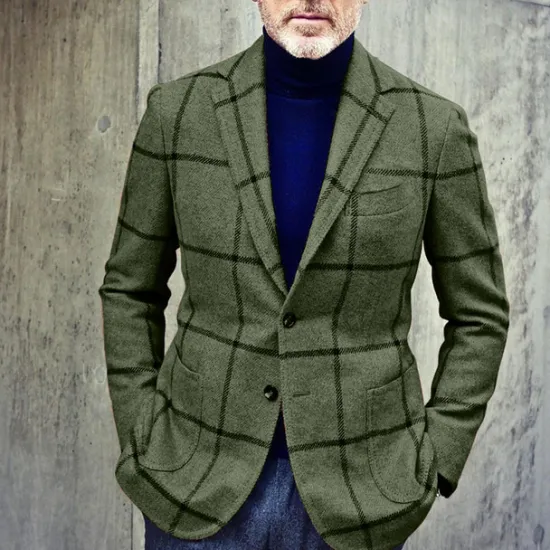 Clearance OUKU Men's Blazer Jacket Business Evening Party Daily Wear Pocket Fall Winter Polyester Plaid Check Artistic Style Warm Single Breasted Two-button Blazer Black Brown Green