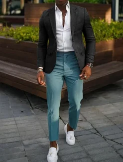 New OUKU Men's Blazer Jacket Linen Blazer Notch Collar Fashion Casual Solid Colored Dark Khaki Black Yellow Tailored Fit Single Breasted Two-buttons