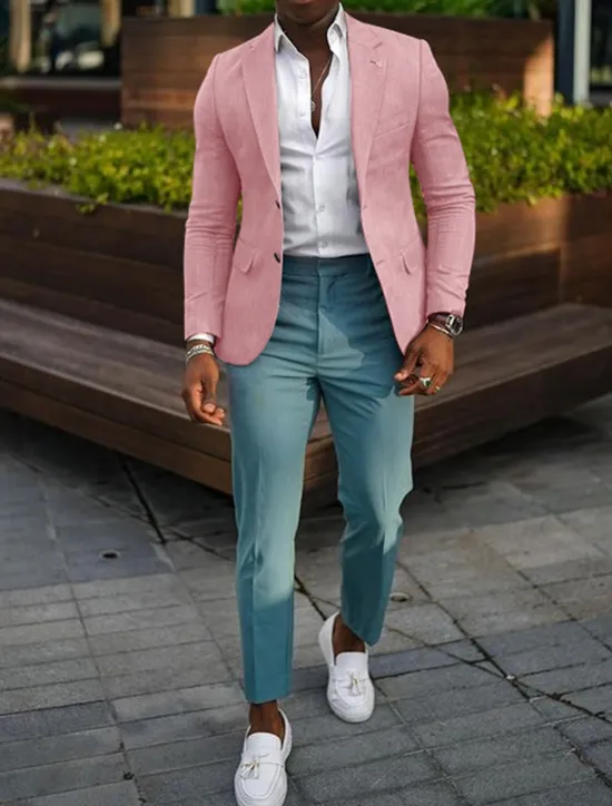 New OUKU Men's Blazer Jacket Linen Blazer Notch Collar Fashion Casual Solid Colored Dark Khaki Black Yellow Tailored Fit Single Breasted Two-buttons