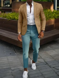 New OUKU Men's Blazer Jacket Linen Blazer Notch Collar Fashion Casual Solid Colored Dark Khaki Black Yellow Tailored Fit Single Breasted Two-buttons